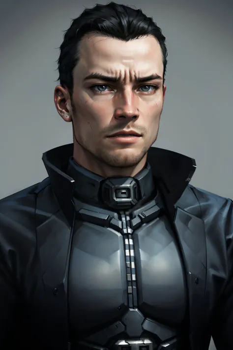 (masterpiece, best quality:1.2), <lora:jc_denton-20:0.7> , jcdDX_soul3142, solo, black hair, 1boy, closed mouth, jacket, realistic