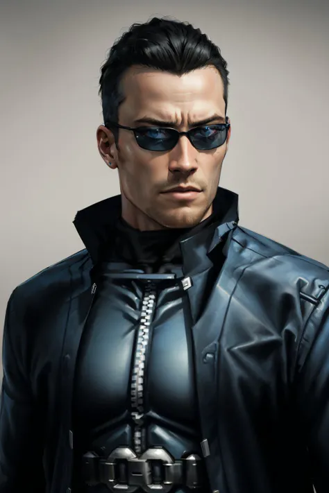 (masterpiece, best quality:1.2), <lora:jc_denton-20:0.7> , jcdDX_soul3142, solo, black hair, 1boy, jacket, upper body, sunglasses, zipper, realistic, leather jacket