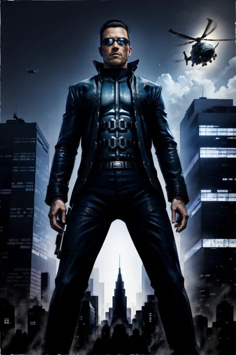 (masterpiece, best quality:1.2),   <lora:jc_denton-20:0.7> , jcdDX_soul3142, solo, 1boy, night, sunglasses, building, city, aircraft, silhouette, helicopter