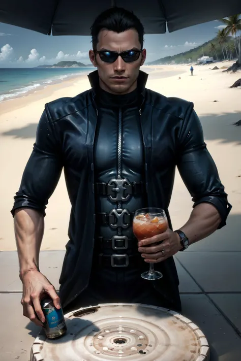 (masterpiece, best quality:1.2), <lora:jc_denton-20:0.7> , jcdDX_soul3142, solo, black hair, 1boy, sunglasses, holding cocktail, beach, seascape,