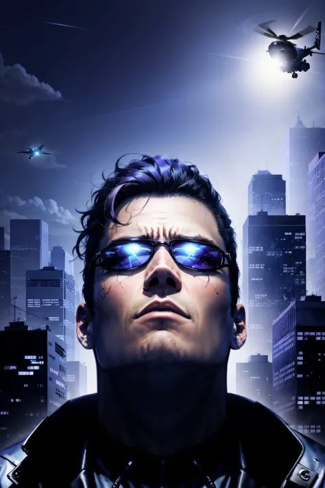 (masterpiece, best quality:1.2), <lora:jc_denton-20:0.7> , jcdDX_soul3142, solo, close up, face, looking up, 1boy, night, sunglasses, building, city, aircraft, silhouette, helicopter, cityscape, (light beam), (purple theme)