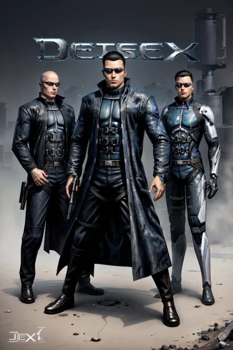 (masterpiece, best quality:1.2), <lora:jc_denton-20:0.7> , jcdDX_soul3142, 1girl, black hair, weapon, multiple boys, gun, sunglasses, handgun, 4boys, realistic, bald, cyborg