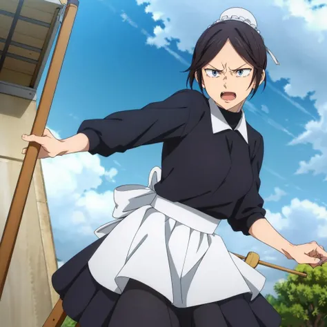masterpiece,high quality,solo,outdoors,
<lora:MisatoKuroi001:0.7>,angry,
MisatoKuroi,1woman,
sanpaku,black eyes,
bun cover,
maid,black dress,long sleeves,
maid apron,long skirt,
black pantyhose,
holding broom,fight,