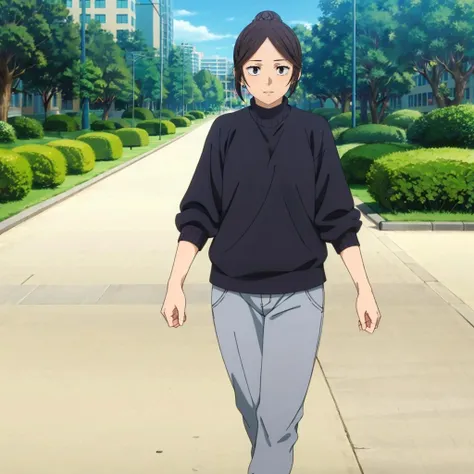 masterpiece,high quality,solo,
<lora:MisatoKuroi001:0.7>,
MisatoKuroi,1woman,
hair bun,
sanpaku,black eyes,
sweater,pants,
city,walking,