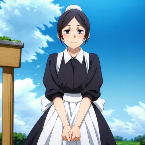 masterpiece,high quality,solo,outdoors,
<lora:MisatoKuroi001:0.7>,blush,
MisatoKuroi,1woman,
sanpaku,black eyes,
bun cover,
maid,black dress,long sleeves,
maid apron,
