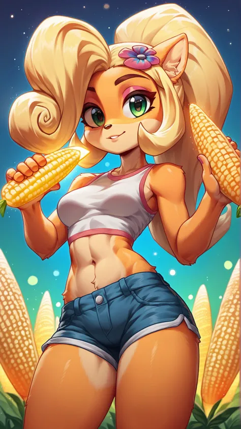 score_9,score_8_up,score_7_up,source_cartoon,source_anime,1girl,two-tone skin,intricate,highly detailed,soft lighting,soft particles,glowing,furry,anthro,coco bandicoot,looking at viewer,bokeh,(((surrounded by corn))),outside,((corn)),midriff,booty shorts,<lora:c0rn:0.8>,c0rn,