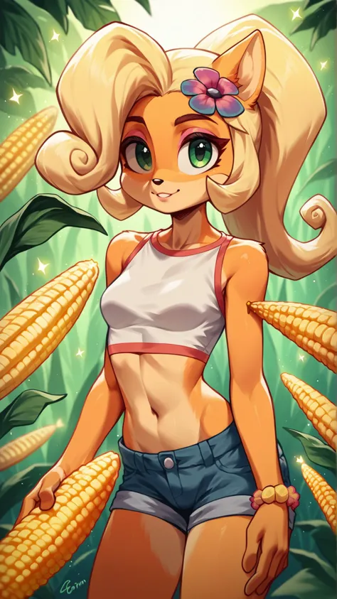 score_9,score_8_up,score_7_up,source_cartoon,source_anime,1girl,two-tone skin,intricate,highly detailed,soft lighting,soft particles,glowing,furry,anthro,coco bandicoot,looking at viewer,(((surrounded by corn))),outside,((corn)),midriff,slim,booty shorts,<lora:c0rn>,surrounded by c0rn,