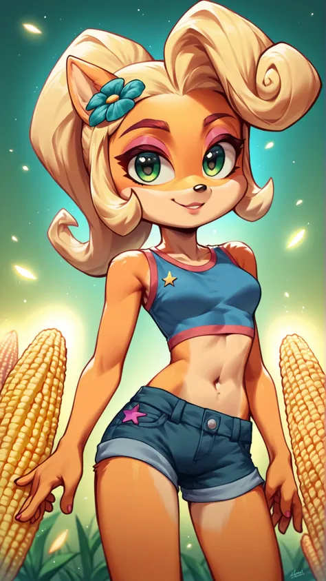 score_9,score_8_up,score_7_up,source_cartoon,source_anime,1girl,two-tone skin,intricate,highly detailed,soft lighting,soft particles,glowing,furry,anthro,coco bandicoot,looking at viewer,bokeh,(((surrounded by corn))),outside,((corn)),midriff,booty shorts,<lora:c0rn>,surrounded by c0rn,
