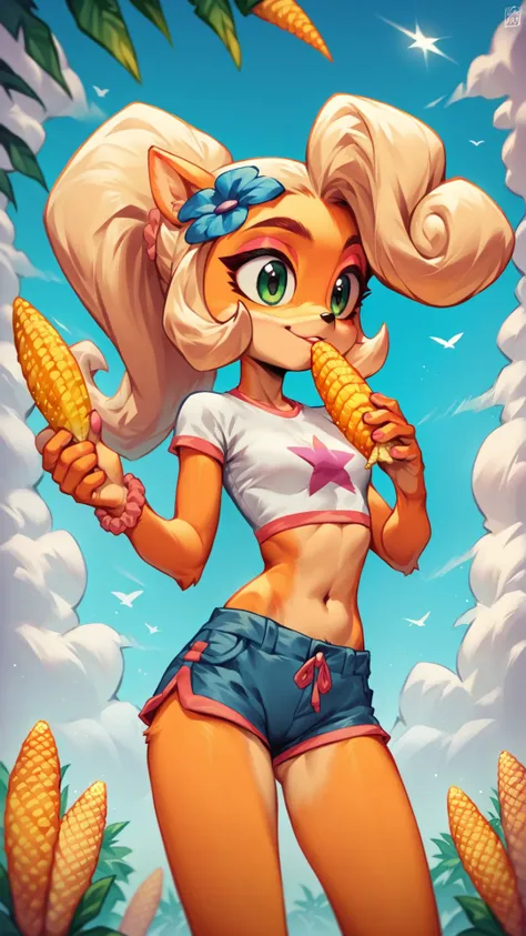 score_9,score_8_up,score_7_up,<lora:c0rn:0.8>,source_cartoon,source_anime,coco bandicoot,1girl,two-tone skin,intricate,highly detailed,furry,anthro,outside,midriff,slim,booty shorts,surrounded by c0rn,corn,