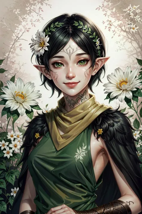 MerrillDA, 1girl, solo, pointy ears, flower, black hair, green eyes, hair ornament, hair flower, short hair, elf, facial mark, upper body, smile, looking at viewer, tattoo, piercing, face tattoo
<lora:epi_noiseoffset2:1>, <lora:MerrillDA:0.7>