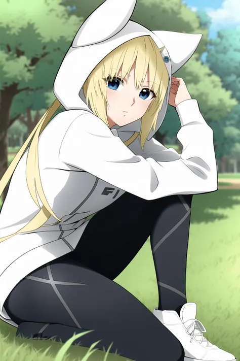 1girl, konjihen, kon, hoodie, leggings, hood, blonde hair, blue eyes, sneakers, grass, tree, park