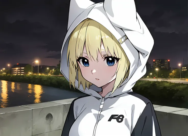 konjihen, kon, hoodie, leggings, hood, blonde hair, blue eyes, detailed face, detailed background, best quality, detailed face, masterpiece, comic,novel illustration, backlighting, detailed cloudy sky, (masterpiece), best quality, official art, extremely detailed CG unity 8k wallpaper,1girl, ultra high res, 1girl, solo, night, beautiful sky, stars, (embankment:1.2), city lights, moon, lamppost, (river,:1.2)