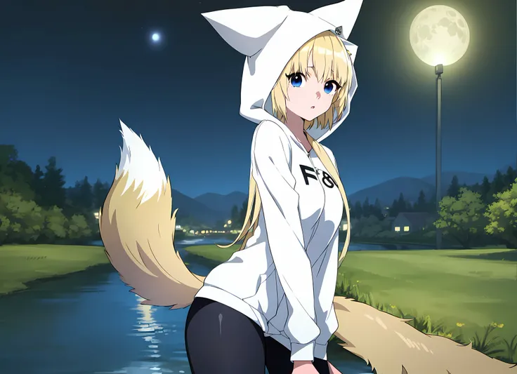 konjihen, kon, hoodie, leggings, hood, blonde hair, blue eyes, (fox tail:1.3), detailed background, best quality, detailed face, masterpiece, comic,novel illustration, backlighting, detailed cloudy sky, (masterpiece), best quality, official art, extremely detailed CG unity 8k wallpaper,1girl, ultra high res, 1girl, solo, tail, cat tail, night, beautiful sky, stars, (embankment:1.2), city lights, moon, lamppost, (river,:1.2)