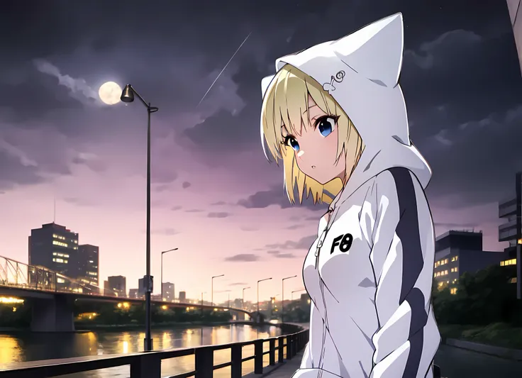 konjihen, kon, hoodie, leggings, hood, blonde hair, blue eyes, detailed face, detailed background, best quality, detailed face, masterpiece, comic,novel illustration, backlighting, detailed cloudy sky, (masterpiece), best quality, official art, extremely detailed CG unity 8k wallpaper,1girl, ultra high res, 1girl, solo, night, beautiful sky, stars, (embankment:1.2), city lights, moon, lamppost, (river,:1.2)