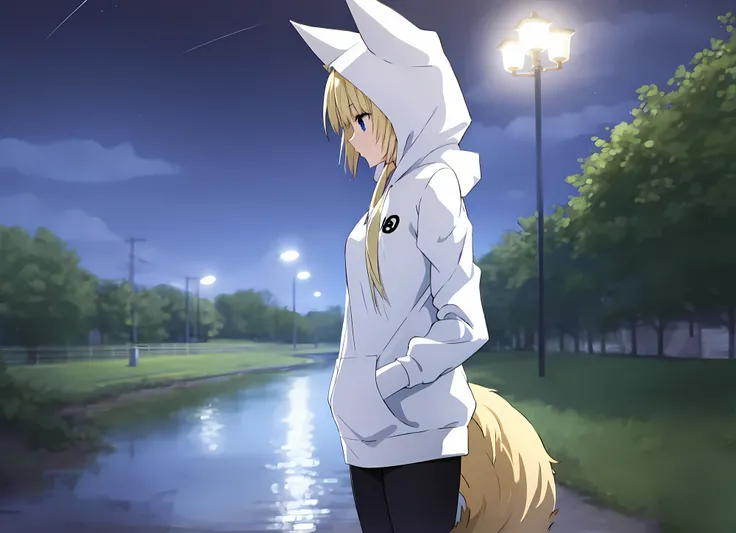 konjihen, kon, hoodie, leggings, hood, blonde hair, blue eyes, (fox tail:1.3), detailed background, best quality, detailed face, masterpiece, comic,novel illustration, backlighting, detailed cloudy sky, (masterpiece), best quality, official art, extremely detailed CG unity 8k wallpaper,1girl, ultra high res, 1girl, solo, tail, cat tail, night, beautiful sky, stars, (embankment:1.2), city lights, moon, lamppost, (river,:1.2)