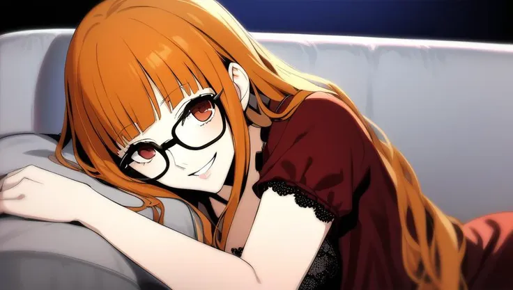 masterpiece, best quality, oldest, 1girl, futaba, persona 5,
couch, sofa,
attractive stunning 28-years-old woman, (adult),
looking at viewer, lidded eyes, happy, in love, seductive smile, lying down, on side,
lingerie, stockings, night gown, glasses, black-framed eyewear, orange hair, long hair, blunt bangs, medium breasts,
 <lora:dsfutaba_a3b:0.8> dsfutaba