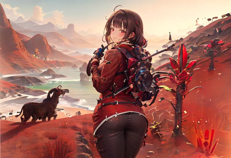 ((highly detailed, extremely detailed CG unity 8k wallpaper, illustration, highres, absurdres)), ((masterpiece)),
<lora:nomansky:1>nomanskyai,  scenery,outdoors, silhouette,  mountain, sky, sun
<lora:yixian_1.0_quhuafeng:0.6>
1girl, yixian,looking at viewer,smile,from behind,looking back,
bangs, blush,closed mouth, red eyes,