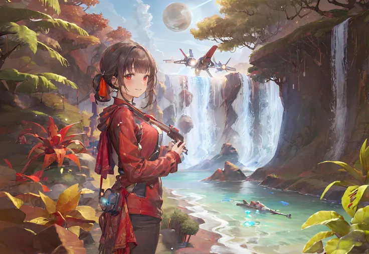 ((highly detailed, extremely detailed CG unity 8k wallpaper, illustration, highres, absurdres)), ((masterpiece)),
<lora:nomansky:1>nomanskyai, outdoors, scenery, science fiction, aircraft, spacecraft, sky, moon, tree, flower, water, cloud, day, plant, planet, airplane
<lora:yixian_1.0_quhuafeng:0.8>
1girl, yixian,looking at viewer,smile,
bangs, blush,closed mouth, red eyes,