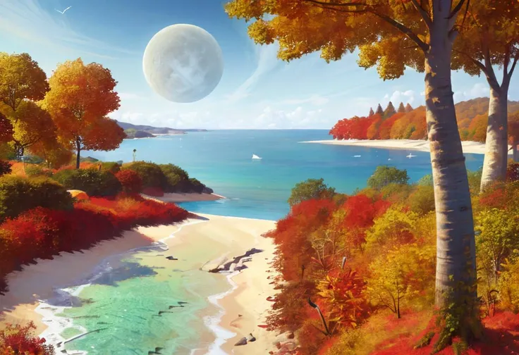 ((highly detailed, extremely detailed CG unity 8k wallpaper, illustration, highres, absurdres)), ((masterpiece)),
<lora:nomansky:1>tree, outdoors, scenery, moon, cloud, sky, day, aircraft, autumn leaves, water, full moon, grass, leaf, ocean, autumn