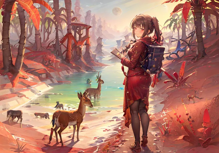 ((highly detailed, extremely detailed CG unity 8k wallpaper, illustration, highres, absurdres)), ((masterpiece)),
<lora:nomansky:1>nomanskyai, scenery, outdoors, moon, deer, nature, bird, sky, water, animal, tree, mountain, full moon, grass, lake, night, forest, landscape, fantasy
<lora:yixian_1.0_quhuafeng:0.8>
1girl, yixian,looking at viewer,smile,from behind,looking back,
bangs, blush,closed mouth, red eyes,