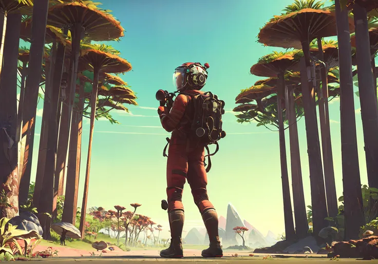 ((highly detailed, extremely detailed CG unity 8k wallpaper, illustration, highres, absurdres)), ((masterpiece)),
nomanskyai, planetarylandscape, 1other, ambiguous gender, mushroom, scenery, from behind, outdoors, gloves, 1boy, rock, standing, wide shot, sky, solo, tree, holding, boots, helmet<lora:nomansky:1>