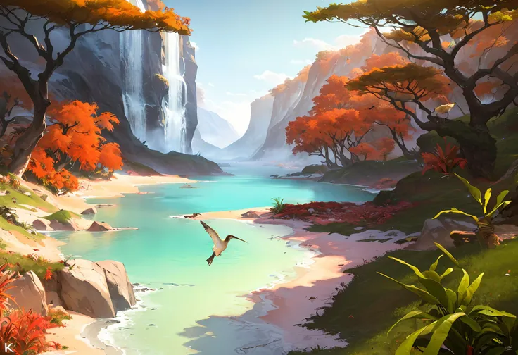 ((highly detailed, extremely detailed CG unity 8k wallpaper, illustration, highres, absurdres)), ((masterpiece)),
<lora:nomansky:1>scenery, tree, bird, outdoors, no humans, waterfall, water, nature, landscape, forest, sky, artist name, flower, river, plant, day, grass, signature, mountain, lake, cloud