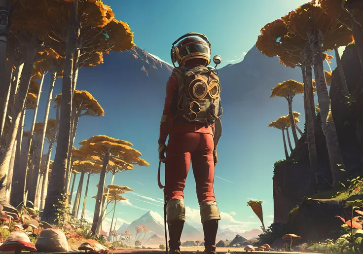 ((highly detailed, extremely detailed CG unity 8k wallpaper, illustration, highres, absurdres)), ((masterpiece)),
nomanskyai, planetarylandscape, 1other, ambiguous gender, mushroom, scenery, from behind, outdoors, gloves, 1boy, rock, standing, wide shot, sky, solo, tree, holding, boots, helmet<lora:nomansky:1>