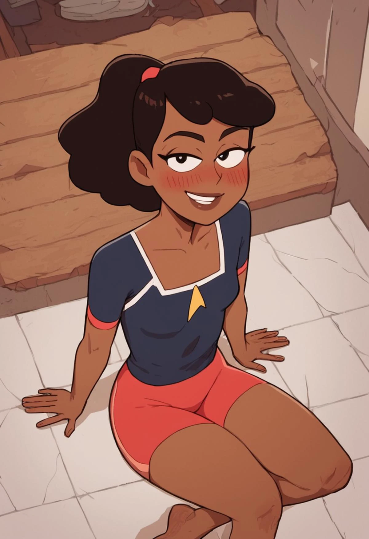 score_9, score_8_up, score_7_up, score_6_up, (cartoon, anime), detailed face, from above, source_cartoon, detailed eyes, masterpiece, sitting, crossed legs, feet, toes, seductive, nsfw, lewd, sensual, small breasts, wide hips, thick thighs, sexy pose, mariner, dark skin, dark-skinned female, ponytail, brown hair, rating_explicit, woman, 1girl, looking at viewer, blush, happy, flirting eyes, <lora:possummachinexl:0.9> possummachine_style <lora:Beckett_Mariner_-_Star_Trek_Lower_Decks:1.1>