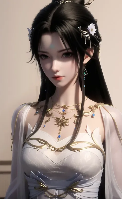 qingyi,1girl,solo,jewelry,hair ornament,long hair,necklace,upper body,dress,earrings,blurry background,facial mark,forehead mark,black hair,looking at viewer,expressionless,white dress,blurry,hair bun,<lora:æ¸æ¼ª-000011:0.8:lbw=role>,, 1girl,
,  (masterpiece,best quality:1.2),absurdres