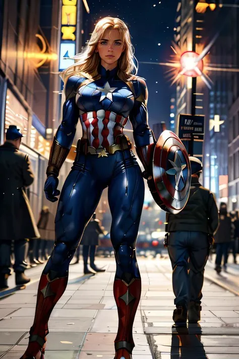 Professional digital art of beautiful blonde woman, GA1 as Captain America, (wearing Captain Americafull uniform) (action heroine) she has a muscular figure, she's making an action pose in the streets of New York City, (Statue of Liberty in the background), New York winter weather, night time, ray-tracing,  The city is under attack. Explosions, military airplanes in the sky (f16's). She has a determined look. Soldiers in the background. 4k, bokeh, 8k, masterpiece, highest quality, highly detailed Captain Britain outfit, 36y0 muscular woman posing, hi-res, hdr. <lora:GemmAtkinsbyMal:1.1>  <lora:add_detail:0.5>