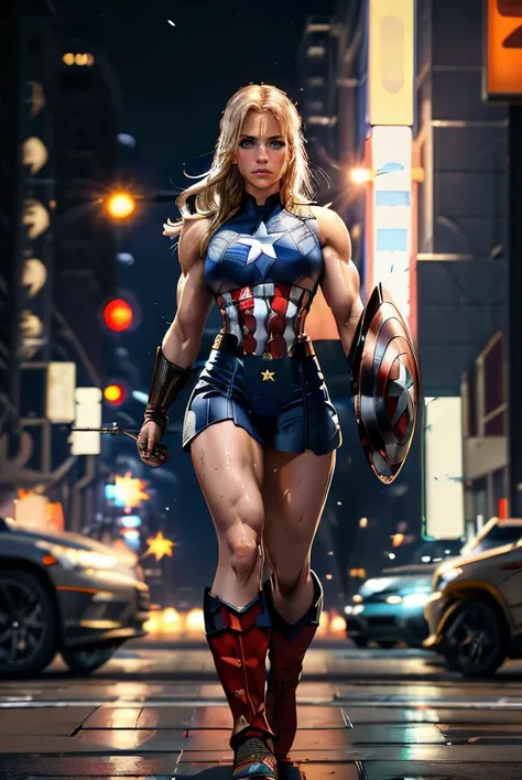 Professional digital art of beautiful blonde woman, GA1 as Captain America, (wearing Captain Americafull uniform) (action heroine) she has a muscular figure, she's doing a thumbs up, single thumbs up, in the streets of New York City, (Statue of Liberty in the background), New York winter weather, night time, ray-tracing, The city is under attack. Explosions, military airplanes in the sky (f16's). She has a determined look. Soldiers in the background. 4k, bokeh, 8k, masterpiece, highest quality, highly detailed Captain Britain outfit, 36y0 muscular woman posing, hi-res, hdr. <lora:GemmAtkinsbyMal:1.1> <lora:add_detail:0.5>. (She's sweaty and battle weary:1.2)