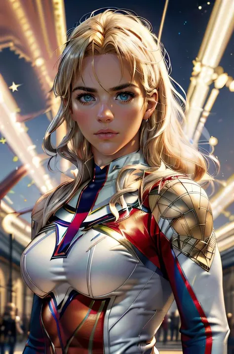 Professional digital art of beautiful blonde woman, GA1 as Captain Britain, (wearing Captain Britain's full uniform) (action heroine) she has a muscular figure, she's making an action pose in the streets of London, Big Ben in the background, London weather. The city is under attack by aliens. (alien vessel in the sky). She has a determined look. Soldiers in the background. 4k, bokeh, 8k, masterpiece, highest quality, highly detailed Captain Britain outfit, 36y0 muscular woman posing, hi-res, hdr. <lora:GemmAtkinsbyMal:1.1>  <lora:add_detail:0.5>
