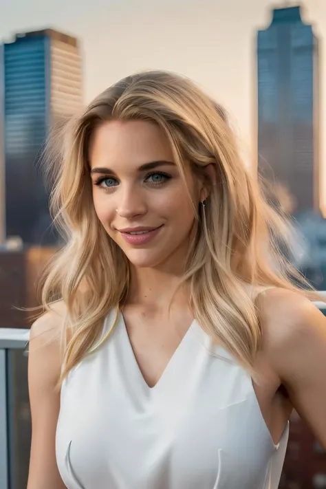 Professional photograph, portrait, up close shot of GA1, <lora:GemmAtkinsbyMal:1> 35 yo attractive woman, long blonde hair combed to the sides, posing on the roof of a tall building in New York, she's wearing a a nice white blouse, brightly smiling at the viewer, she's happy. 4k, bokeh, 8k, absurdres, masterpiece, highest quality, award winning shot, it's night time, dark sky, photorealism, ray-tracing