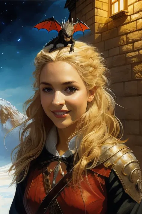 (best quality, masterpiece, high resolution:1.2),visal novel illustration,oil painting,absurdes, a cute pet dragon, resting on girl's head, (breathing fire:0.75), 1girl,blonde hair, she's <lora:GemmAtkins20byMal (1880):1> GA1 woman,(playful smirk:1.3),lipstick,Bob,detailed face,realistic skin texture, balcony, ancient gothic castle, wide night sky,Elmore_Style, DnD, Fantasy,detailed,dry brush art,brushstrokes, oil on canvas, realistic, magnificent, celestial, ethereal, painterly, magical, fantasy art, dreamy,bright lit,highly visible,inspired by J. R. R. Tolkien and Lord of the Ring style , of A Song of Ice and Fire series,(H.P. Lovecraft:0.3), vibrant,colorful,poignant atmosphere,hauntingly captivating,light particles,Anton Sokolov,scenery <lora:petdragons daeneryskhala:1> <lora:BearlySD:0.8> <lora:sokolovstyle:0.4> <lora:Elmore_Style-000010Elmore_Style-000008dungeonsanddragons:0.8>