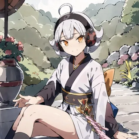 <lora:DinowaDinoisVelgear-09:0.8>, (extremely detailed:1.3),(highly detailed:1.2),(best quality:1.2),(masterpiece:1.2), Dinosis, 1girl, solo, short hair, ahoge, white hair, grey hair, orange eyes, flowers, kimono, Japanese clothing, blunt bangs, sword, weapon, outdoors, forest, blushing, looking at viewer, sitting, headphones, <lora:try2:0.8>