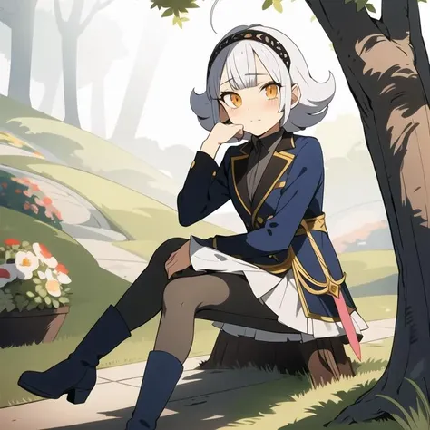 <lora:DinowaDinoisVelgear-09:0.8>, (extremely detailed:1.3),(highly detailed:1.2),(best quality:1.2),(masterpiece:1.2), Dinosis, 1girl, solo, short hair, ahoge, white hair, grey hair, (flower crown), flowers, orange eyes, blunt bangs, long sleeves, jacket, blue footwear, grey pantyhose, blue jacket, white skirt, sword, weapon, pleated skirt, boots, blue boots, outdoors, forest, blushing, looking at viewer