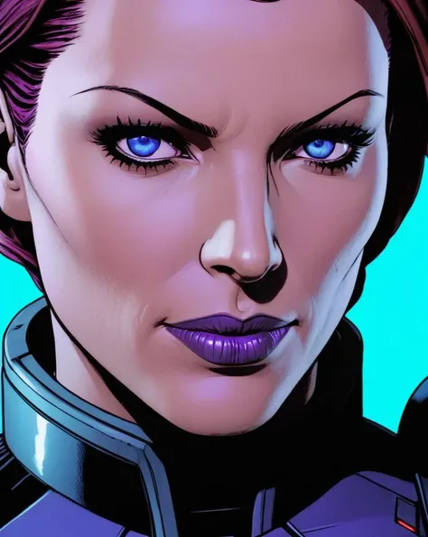 female shepard, close up portrait, high detail, purple, black, blue, comic book