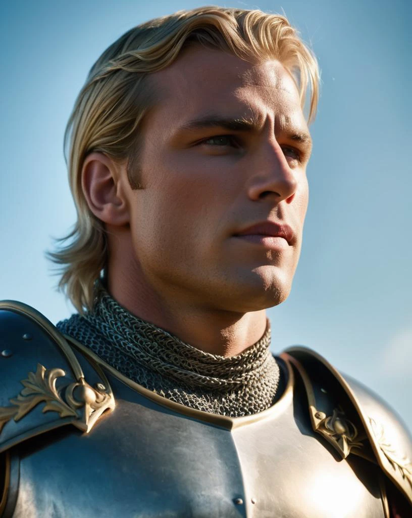 cinematic film still 1male, Royal Knightsï¼muscle male, hair blonde male, Gorgeous heavy armor wraps the whole bodyï¼Point the Knight's Sword to the skyï¼sportraitï¼closeup cleavageï¼Solemnï¼flatchestï¼modestï¼humbleï¼Cinematic, hdr, primitive, Intricate, High quality, Gorgeous shades, Intricate details, super-fineï¼ . shallow depth of field, vignette, highly detailed, high budget, bokeh, cinemascope, moody, epic, gorgeous, film grain, grainy
