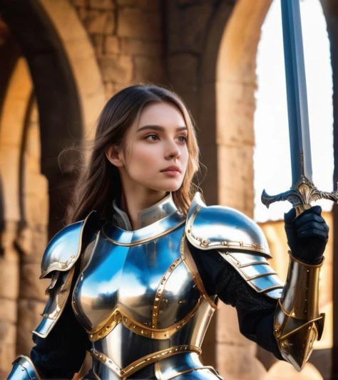 amazing quality, masterpiece, best quality, hyper detailed, ultra detailed, UHD, perfect anatomy, (in castle:1.2), girl knight, holding a sword, dazzling ,transparent ,polishing, (1 arm up), waving sword, gold armor, glowing armor, glowing eyes, full armor, shine armor, dazzling armor,