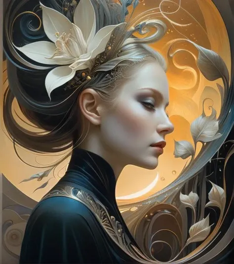 style of Aaron Horkey & Anne Bachelier fusion, Poster close-up, A delicate (tiny woman:0.8), illuminated by a (fast light void:1.5) revealing her intricate details and hidden beauty in a surreal landscape filled with (ethereal flora:1.2).