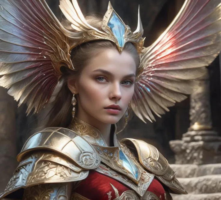 wizard, 1girl ,1980s, beauty face, armor gold, skirt red, ((realism)), extremely high quality RAW photograph, ultra detailed photograph, sharp focus, high resolution, (detailed skin:1,3),high quality, film grain, Fujifilm XT3,Highly Detailed, movie, (Cinematic Photo:1.3) of (Realistic:1.3),(Disgusting:1.3) Photorealism, (Magical Photo:1.3) of (Realistic:1.3), Crystal Core, Bejeweled, ethereal, hyper detailed fantasy character, Dreamlike, Ethereal Fantasy, Realistic, Fiction, Full-HD, HD, 8K, Soft Lighting, Beautiful Lighting,Highly Detailed,Highly Detailed,(Photorealism:1.3)