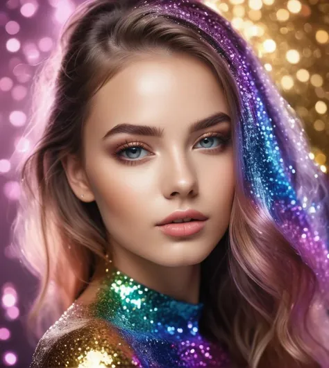 photo, 8k portrait 1girl, glitter, high_resolution, detailed, portrait, shiny skin, multicolor,