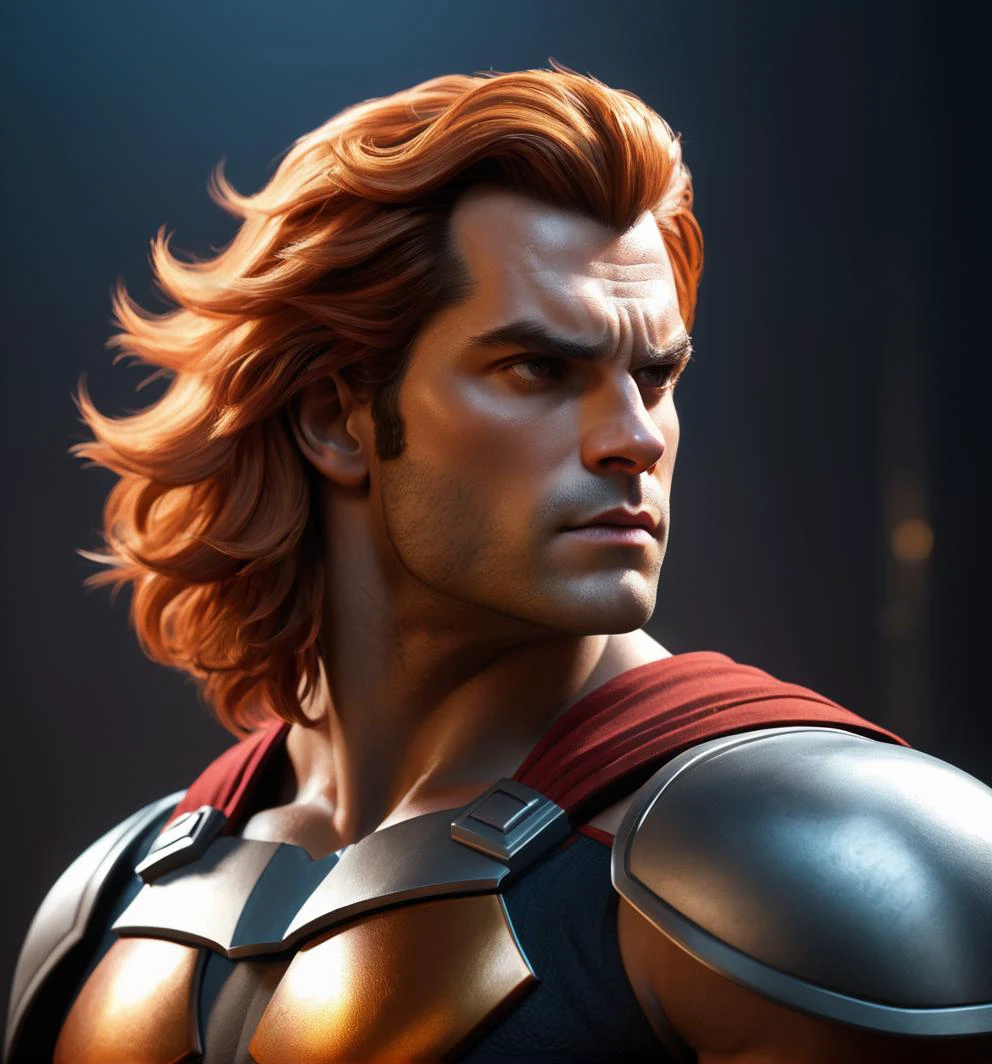 photo of henry cavill,Movie, Lio-no, thundercats, realistic, male hero, hair red lion-o, eyes feline orange, full body 8k unity render, action shot, skin pores, very dark lighting, heavy shadows, detailed, detailed face, (vibrant, photorealistic, realistic, dramatic, dark, sharp focus, 8k), (weathered damaged old worn leather outfit:1.4), (intricate:1.4), decadent, (highly detailed:1.4), digital painting, octane render, artstation, concept art, smooth, sharp focus, illustration, art by artgerm, (loish:0.23), wlop ilya kuvshinov, and greg rutkowski and alphonse mucha gracias, (global illumination, studio light, volumetric light), heavy rain, particles floating, dim light, trim light, two-tone lighting,