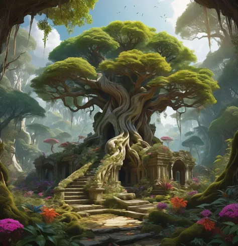 ancient marble altar in fairy forest, random beautiful jungle, knotted roots, vibrant colors, gnarled trees, fractal lush vegetation, natural sunlight, intricate details, realistic digital art, <lora:epiNoiseoffset_v30:1>, many mess tiny colorful flowers, (oversaturate:1.2), by Jean-Baptiste Monge, Gilles Beloeil, Tyler Edlin, Marek Okon, Pixar, album art, comic style, golden ratio, perfect composition, a masterpiece, trending on artstation