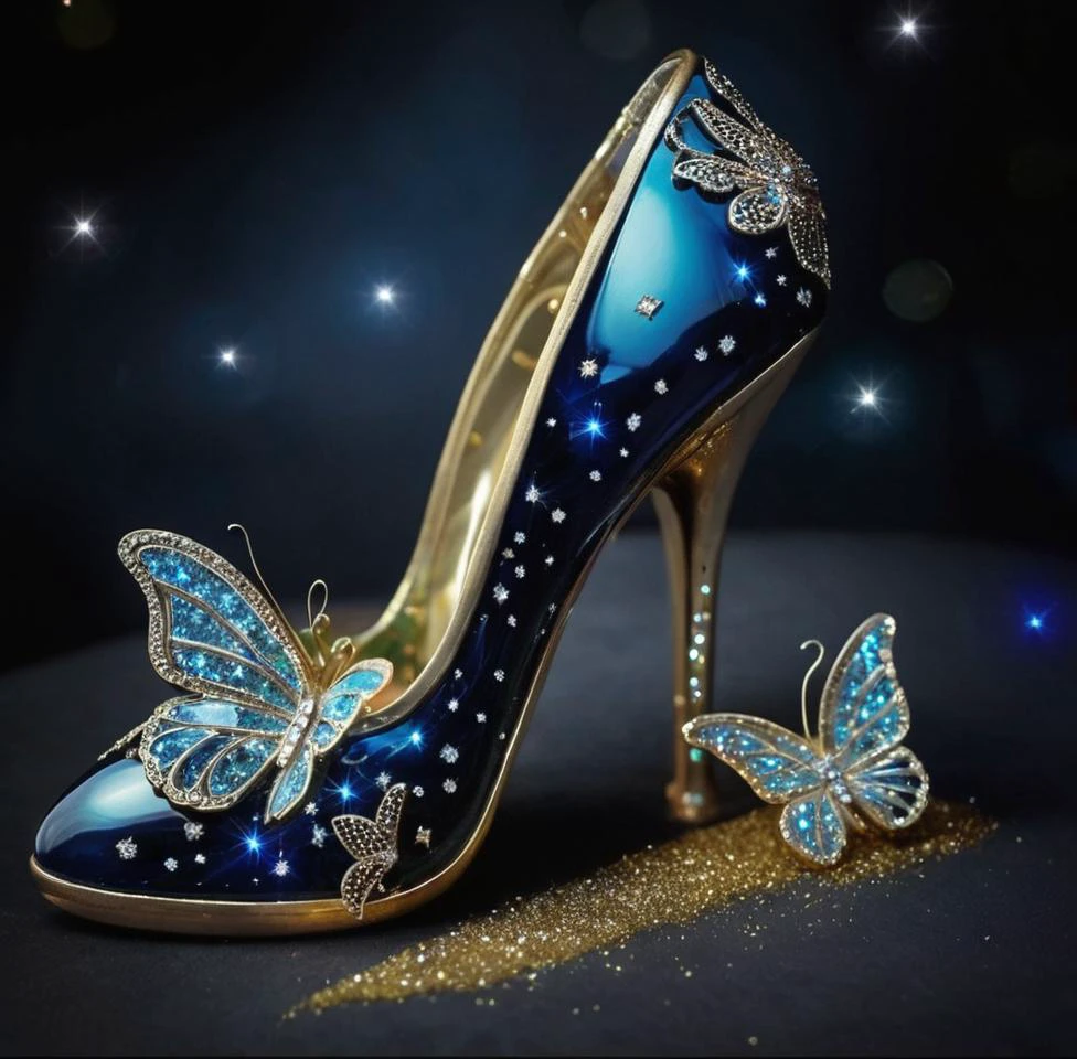 shoes, butterfly wings, glowing, diamond, glass, ornaments gold, roses glass, glitter, moon, paradise