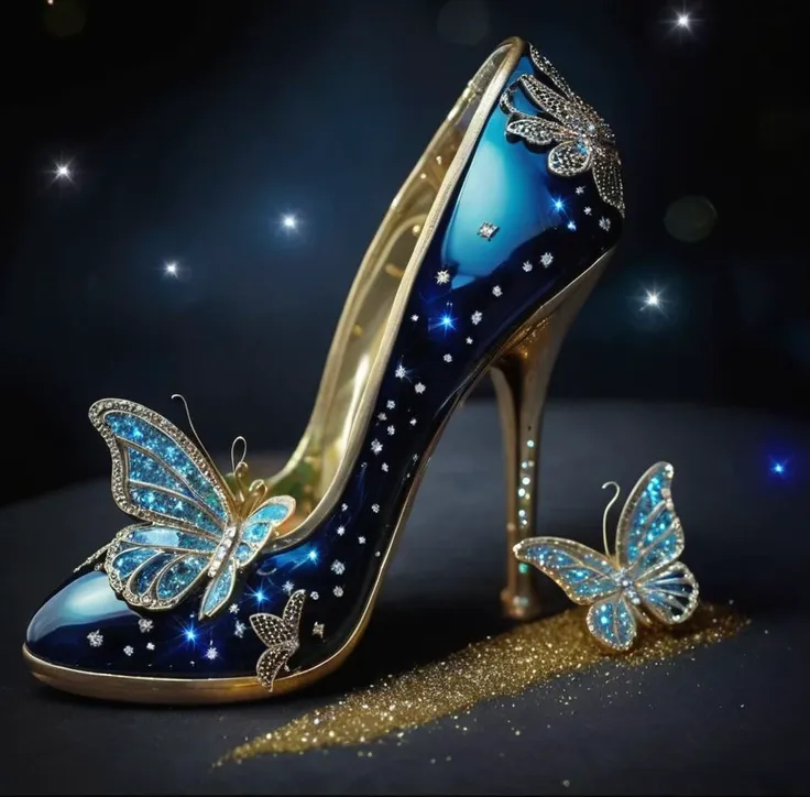 shoes,  butterfly wings, glowing, diamond, glass, ornaments gold, roses glass, glitter, moon, paradise