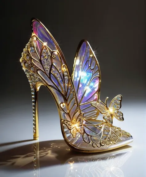 shoes,  butterfly wings, glowing, diamond, glass, ornaments gold