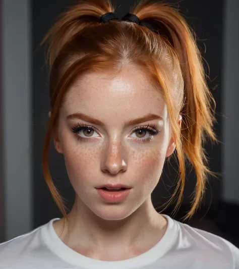 photo,8k,sharp focus,beautiful woman,close up,t-shirt,(detailed eyes:0.8),(looking at the camera:1.4),(highest quality),(best eyeshadow),brown eyes,rim lighting,two tone lighting,dimly lit,low key,intricate details,interior,ponytails,ginger hair:1.3,open mouth:0.7,freckles, photo, (realistic:1.3), 8k,