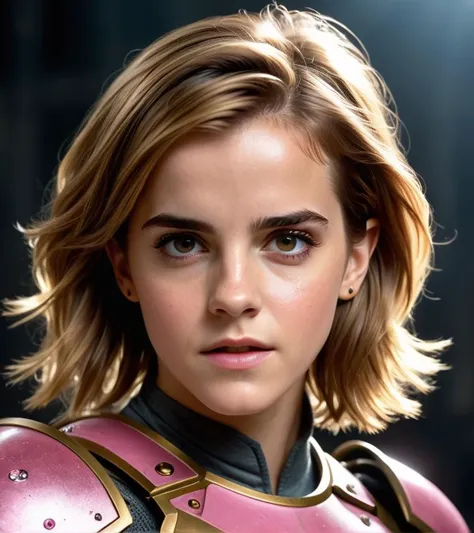 photo of emma watson, 1980s, beauty face, armor gold, hair pink, ((realism)), extremely high quality RAW photograph, ultra detailed photograph, sharp focus, high resolution, (detailed skin:1,3),high quality, film grain, Fujifilm XT3,Highly Detailed, movie, (Cinematic Photo:1.3) of (Realistic:1.3),(Disgusting:1.3) Photorealism, (Magical Photo:1.3) of (Realistic:1.3), Crystal Core, Bejeweled, ethereal, hyper detailed fantasy character, Dreamlike, Ethereal Fantasy, Realistic, Fiction, Full-HD, HD, 8K, Soft Lighting, Beautiful Lighting,Highly Detailed,Highly Detailed,(Photorealism:1.3)