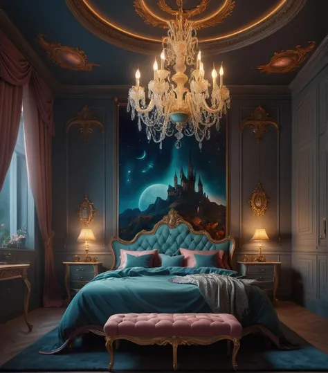 Dreamscape Masterpiece, 4K, beautiful design, absurdres, ,lh_room, a bedroom with a bed and a chandelier, (masterpiece:1.5) (painting:1.1) (best quality) (detailed) (intricate) (8k) (HDR) (wallpaper) (cinematic lighting) (sharp focus) . Surreal, ethereal, dreamy, mysterious, fantasy, highly detailed